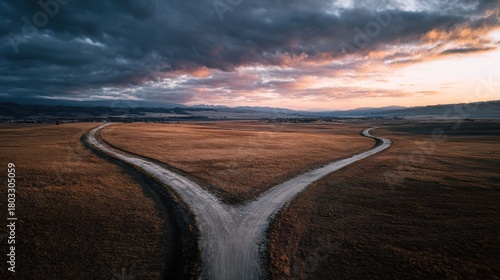 divergence. A symbolic fork in the road with two diverging paths under a dramatic sky, representing choices. wellbeing guides, coaching materials, designed for coaching and self-improvement content.