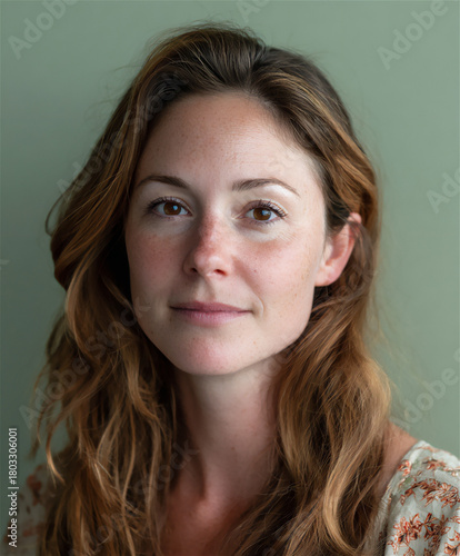 Authentic beautiful 30s woman portrait natural light studio freckles brown hair eyes serene expression wellbeing confidence beauty mature adult face