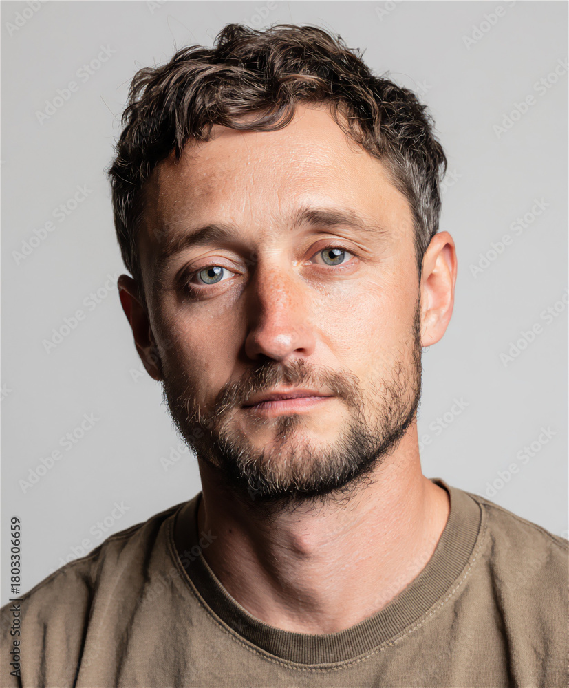 Fototapeta premium Serious adult man portrait close up blue eyes short hair beard natural light studio headshot neutral expression confidence rugged male face