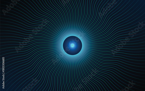 Blue abstract eye iris or magic portal with glowing waved lines and sparks