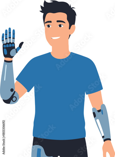 Smiling man with advanced prosthetic arms waves hello, embodying modern medical innovation and human resilience in a bright, clean design.