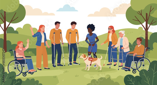 Diverse group celebrating inclusion and accessibility outdoors with children, adults, seniors, and service dog enjoying a sunny day