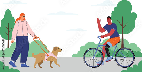 Woman walks dog while man with prosthetic leg cycles happily through sunny park scene