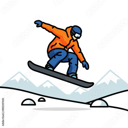 Cartoon illustration of a snowboarder in an orange jacket catching air over a snowy mountain landscape.