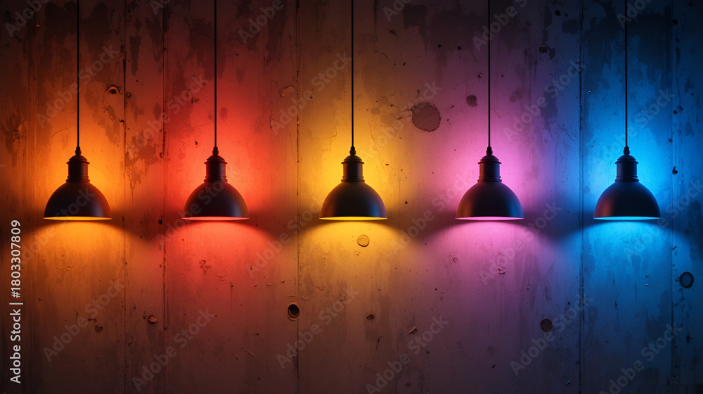 Obraz premium Five hanging lamps showing different color temperatures illuminating concrete wall