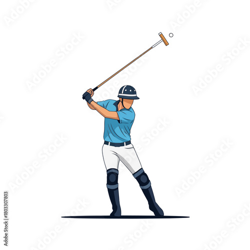 Illustration of a male polo player in a blue uniform swinging a mallet to hit the ball during a match.