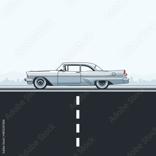 Illustrated side view of a classic 1950s American car with tail fins driving on a city road.