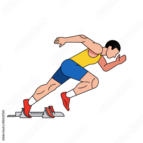 Male sprinter athlete in a yellow tank top and blue shorts starting a race from the blocks.