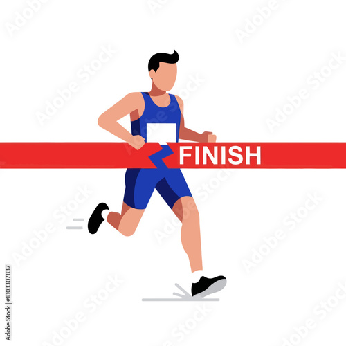 Male athlete in a blue uniform running through the red finish line tape.