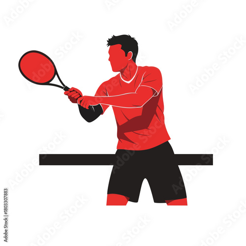Vector illustration of a male tennis player in a red shirt hitting a two-handed backhand.