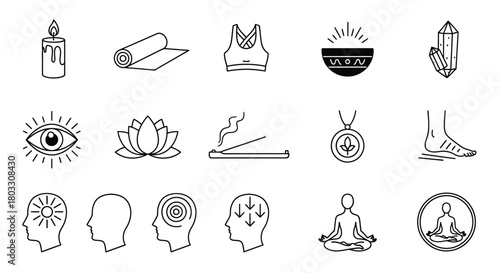 Serene wellness icons for mindfulness, yoga, and spiritual practice