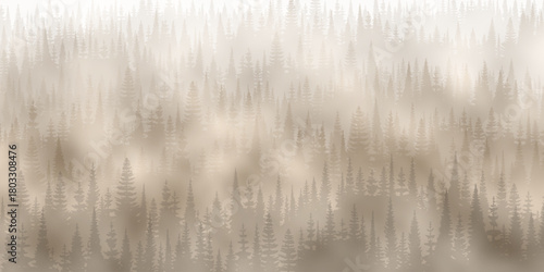Coniferous forest in the morning fog, landscape in sepia tones, monochrome, vector landscape