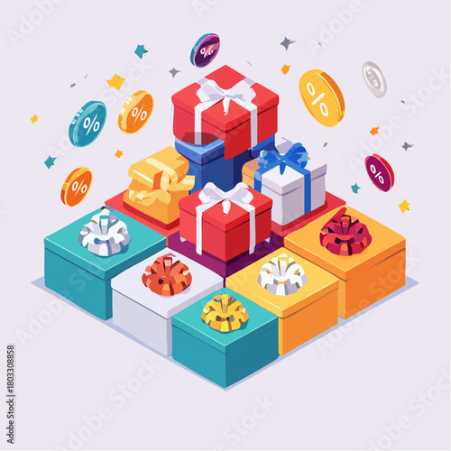 Isometric illustration of colorful gift boxes with white ribbons and various discounts floating around them on a light background.