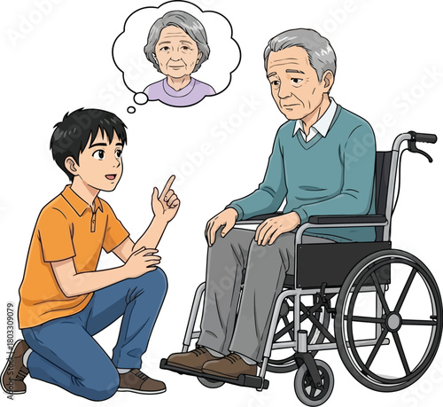 Compassionate young man visits elderly gentleman in wheelchair, sharing stories and fond memories of grandmother.