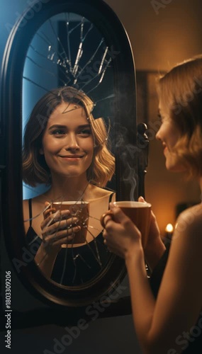 Smiling woman gazes into cracked mirror, holding steaming coffee, reflecting warmth