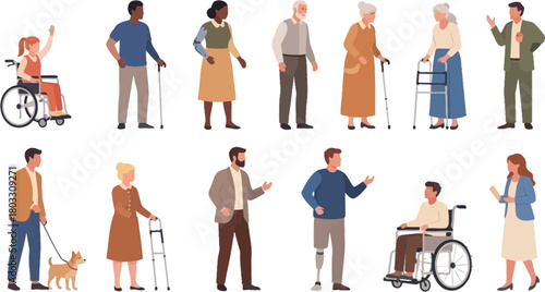 Diverse individuals representing inclusivity and accessibility, featuring people of all ages, abilities, and backgrounds, celebrating community and unity