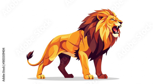 Majestic flat-vector lion in a powerful stance, geometric mane elements, rich warm tones, modern minimalistic shading, isolated on white background