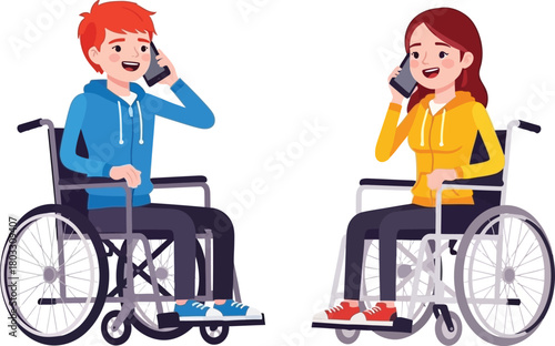 Joyful young adults with disabilities communicate happily on smartphones, embracing modern connectivity and inclusion in everyday life