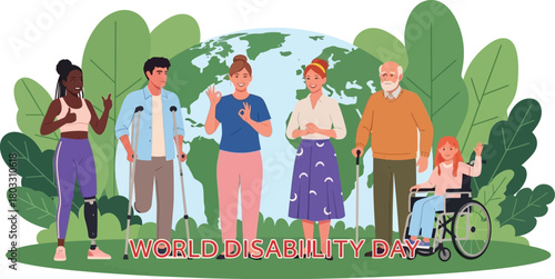 Diverse group celebrates inclusion and ability with smiles and gestures of positivity against a global backdrop