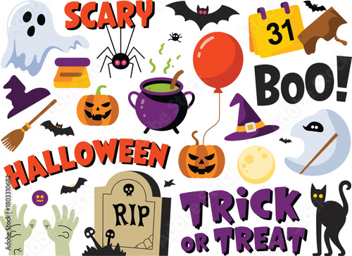 Colorful flat Halloween icons collection with pumpkins ghosts bats witch items trick or treat elements for festive spooky seasonal design artwork
