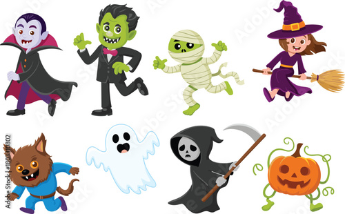 Cute cartoon Halloween characters illustration featuring vampire, monster, mummy, witch, werewolf, ghost, grim reaper, pumpkin creature for festive design**