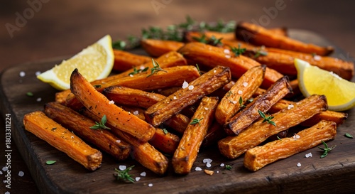 Fototapeta Naklejka Na Ścianę i Meble -  素朴な木製ボードに盛られた温かい光の中で輝く香ばしいにんじんスティック 粗塩とハーブ レモン添えが食欲をそそるヘルシーな一品. AI Generated