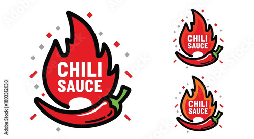 Spicy chili sauce icons with hot pepper and flame for vibrant branding