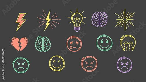 Set of colorful brainstorm idea, emotion, and energy icons on dark background