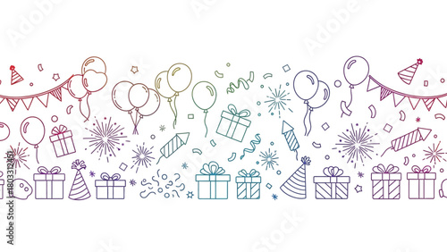 Festive Celebration Border Balloons, Confetti, Gifts, and Party Elements in a Seamless Design