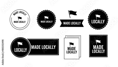 Set of black and white 'Made Locally' labels, badges, and flag icons for various design uses
