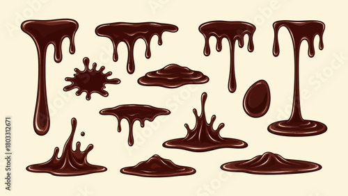 Dripping Chocolate Splatters and Puddles Decadent Dessert Elements for Designs
