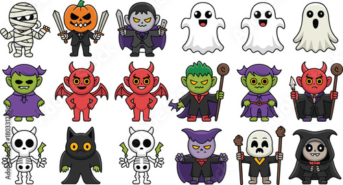 Cute Halloween cartoon character set featuring mummy, pumpkin, vampire, ghost, witch, goblin, devil, skeleton, black cat, spooky fantasy icons