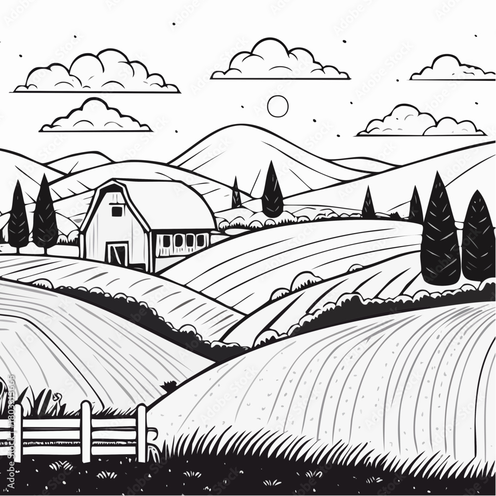 Fototapeta premium Black and White Farm Landscape with Rolling Hills and Barn.