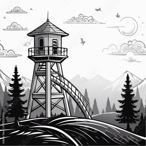 Black and White Illustration of a Fire Lookout Tower in a Mountainous Landscape.
