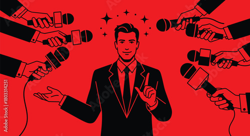 Confident businessman addresses press conference with multiple microphones surrounding him