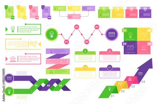 Infographic set displaying various elements of information flow and data management. Colorful sections illustrating processes, steps, and key ideas effectively. Ideal for presentations and reports