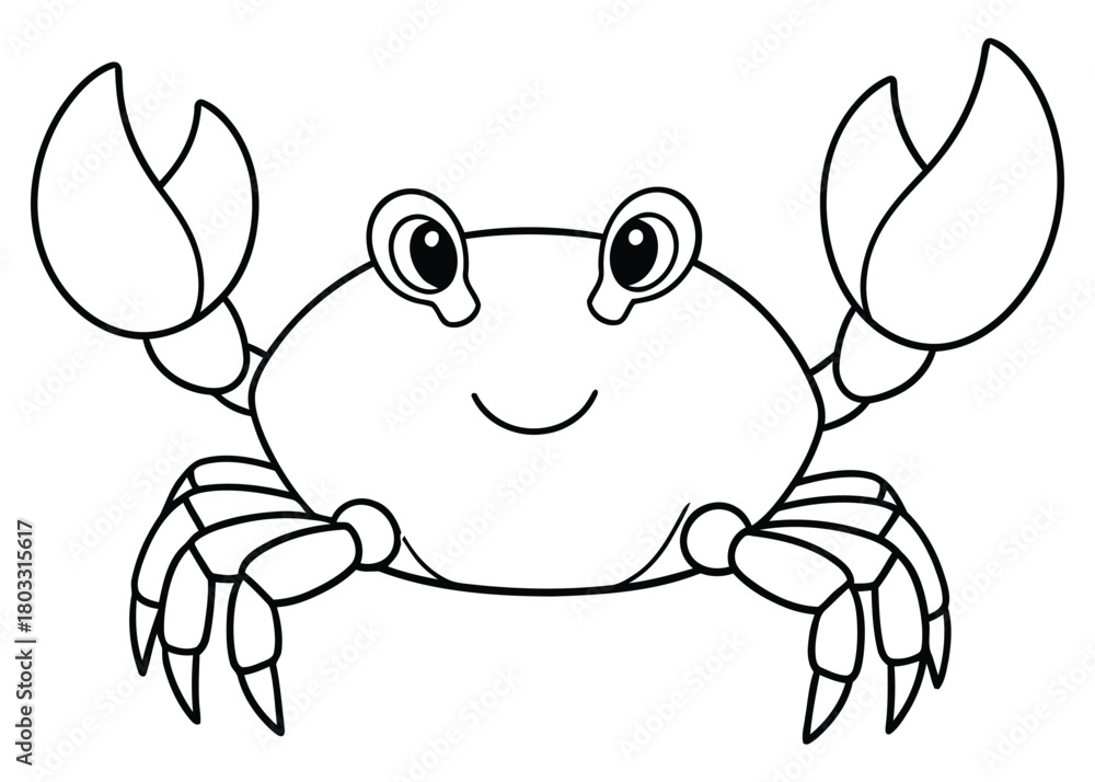 Fototapeta premium Simple cartoon smiling crab outline Black and white vector drawing of a sea animal Kids coloring page design resource