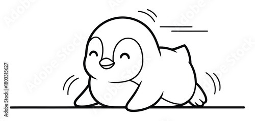 Cute Baby Penguin Sliding on Ice Cartoon Outline Drawing