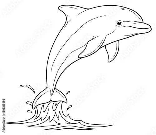 Cartoon jumping dolphin line art illustration Black and white outline vector of marine animal for coloring book or educational design
