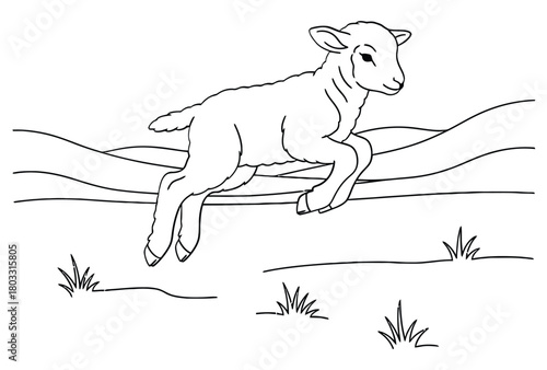 Happy leaping lamb line art outline vector drawing farm animal coloring page illustration