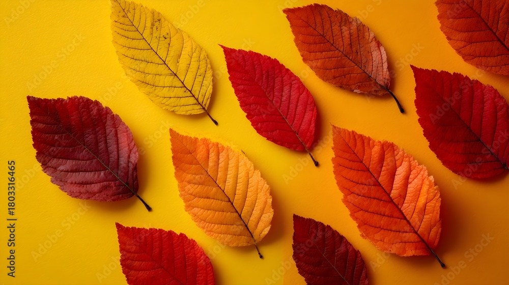 Obraz premium Colorful seasonal layout with red, yellow, and orange autumn leaves arranged artistically on bright background --ar 16:9