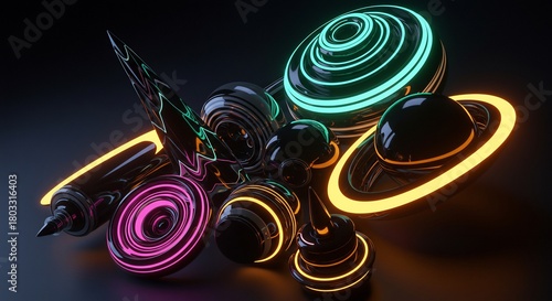暗い背景に鮮やかに躍動するネオンカラーの光を放つ抽象的な球体やリングが複雑に絡み合う 幻想的な輝きが未来的なデジタルアート空間を創造する. AI Generated