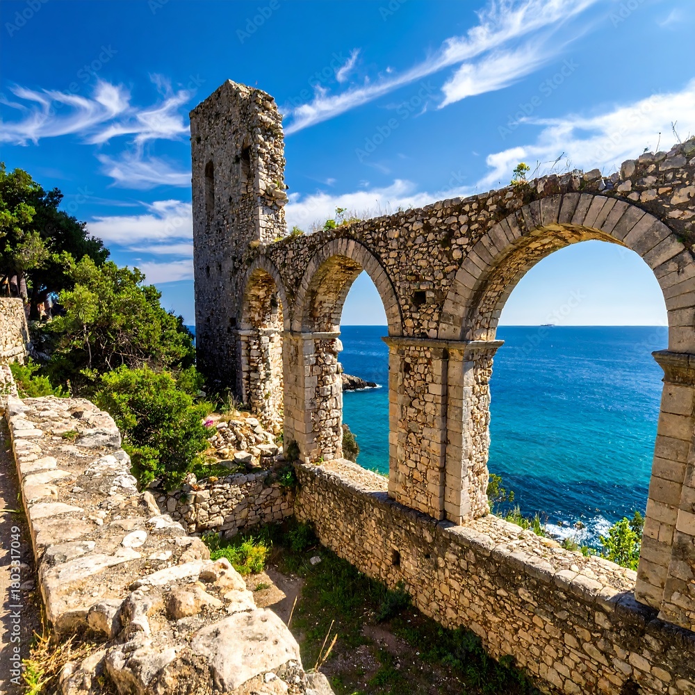 Fototapeta premium Ancient stone ruin overlooking the vibrant blue ocean and sky