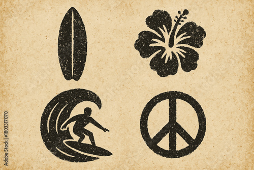 Four black icons on a beige background: surfboard, hibiscus, surfer and peace symbol.