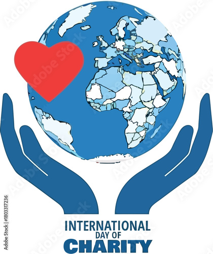 Caring hands hold a vibrant globe with a red heart symbolizing global compassion and support for international charity initiatives.