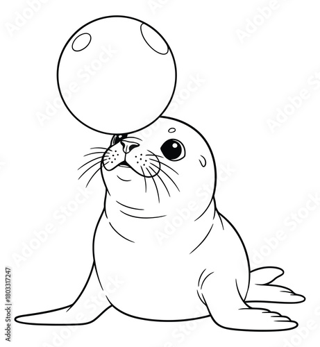 Adorable Cartoon Seal Pup Balancing a Ball on its Nose Outline for Coloring Book Pages Vector Illustration