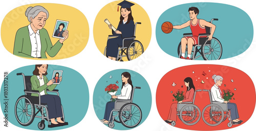 Diverse individuals in wheelchairs celebrate life's milestones and moments with joy, resilience, and connection, inspiring hope and achievement.