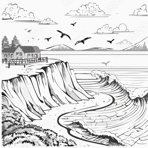 Coastal landscape with house on cliff overlooking ocean waves and birds flying.