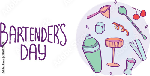 Celebrate International Bartender's Day with vibrant cocktail tools and festive flair, perfect for promotions and event designs.