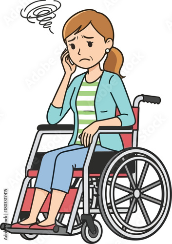 Woman in wheelchair feeling dizzy and unwell, symbolizing healthcare challenges and personal struggle with health issues
